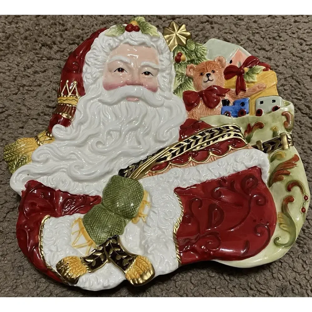 Fitz & Floyd Damask Holiday Ceramic Santa Toys Figural Christmas Canape Plate